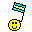 Yellow smiley face with black outline and two square eyes, attached to a blue-and-white striped flag on gray background.