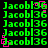 Green text 'Jacob136' on black background with pink pixel artifacts, animated as pink squares shift across the text in a repeating pattern.