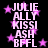 Black background with pink stars and repeated white text reading JULIE ALLY KISSI ASH BFFL in two vertical
