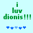 Green pixelated text 'i luv dionis!!!' on light blue background with five blue puzzle-piece icons below, two versions differ in puzzle piece arrangement.
