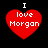 Four red heart-shaped icons with white text "I love Morgan" arranged in a on black background, each icon showing slight variations in pixelation and alignment
