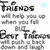 A static image displays text about friends and fake friends with light blue heart icons on a white background.