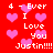Red background with pink hearts and white text reading '4 - Ever I Love You Justin!!!!' repeated twice.