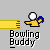 Animated sequence showing a yellow cartoon figure bowling with a blue ball on a yellow lane, text 'Bowling Buddy' below.