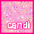 Pixelated pink background with multicolored speckles and white text 'candi' outlined in red, displayed across four