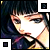 Pixelated anime-style character with dark hair and bangs, wearing a purple garment; text "SADAME" appears in
