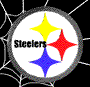 Animated circular icon with Steelers logo showing rotation and color variations against a spider web background.