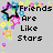 Pixelated buddy icon with gray background, black star outline, and colorful star-shaped confetti, displaying text about friends and stars.