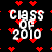 A static contact sheet of three identical animated frames showing a black background with red heart shapes and white pixelated text reading "CLASS OF 2010".