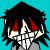 Animated character with black hair, red eyes, and a wide grin showing teeth; gray top transitions to blue bottom as the right arm moves from side to front.