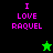 Pixelated text "I LOVE RAQUEL" in pink on black and green backgrounds with a small star icon.