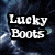 Pixelated image with 'Lucky Boots' text over dark blue background featuring a cat's face and white light effects.