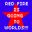 Red star with white text on blue background, repeated in four identical