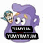 A purple cartoon character with a blue hat and two small figures on its head, displaying different text labels across frames.