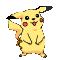 Pixelated yellow cartoon character with black-tipped ears, red cheek circles, and brown tail stripes stands against gray background.