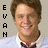 Pixelated portrait of a smiling person with brown hair wearing a white shirt and dark red tie, vertical black text 'EVAN' on left side.