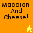 Pixelated text "Macaroni And Cheese!!" on orange and yellow backgrounds with a star icon changing color.