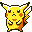 Pixel art Pikachu with yellow body, brown cheeks, and black-tipped ears in six distinct poses on gray background.