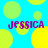 Blue background with yellow and green circles; four instances of purple text "JESSICA" arranged in a pattern