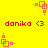 Red pixel art on yellow background shows 'danika <3' text with four red square-based icons in different orientations.