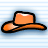 Pixelated orange cowboy hat with black outline on light blue striped background.