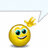 A pixelated yellow emoji face with blue eyes and a wide smile, waving a yellow hand against a white background with a light blue top border.