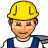 Pixelated icon of a person wearing yellow hard hat, blue overalls, and white shirt with brown hair visible beneath the helmet.