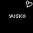 Pixelated white heart symbol above two instances of the text 'YUSKO' on a black background.