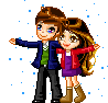 Pixel art of two figures standing together, one with a green shirt and blue jacket, the other with a red jacket and purple skirt, against a gray background with blue dots.