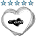 Two heart-shaped icons with 'claire' text, one black and white, the other pink on gray background.