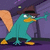 Pixelated teal platypus with orange beak and feet, wearing brown fedora, standing in dynamic pose with one arm extended, against purple background with faint star-like shapes.