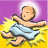 Pixelated figure with light skin and short dark hair floats against purple background, wearing light blue garment, arms outstretched over yellow ground with radiating lines.