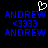 Pixelated blue text 'ANDREW' and '<3333' on black background with white heart symbol above.