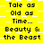 Yellow background with white checkered pattern and black text repeating 'Tale as Old as Time...' and 'Beauty & the Beast' in a