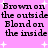 Pixelated text repeats 'Brown on the outside, Blond on the inside' across a pink background with white starbursts.