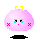 Pixel art contact sheet of six animated frames showing a pink blob character with yellow bow, blue eyes, and red blush marks in various expressions including neutral, crying, and mouth-open states.