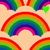 Pixelated rainbow arcs in red-orange-yellow-green-blue-purple bands repeat across a light beige background with scattered small hearts.