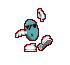 Pixelated teal character with dark sunglasses and red outline, performing a sequence of arm movements against gray background.