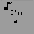Pixelated black text and symbols on a gray background with a musical note icon in the top-left corner.