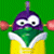Pixelated cartoon character with purple head, green face, yellow body, and red side elements against solid green background.