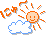 A 4-frame animated contact sheet showing pixelated weather icons with a smiling sun, clouds, and partial suns in orange, white, and blue on gray background.