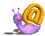 A 6-frame animated contact sheet showing a purple cartoon snail holding a yellow @ symbol, with varying facial expressions and body poses across frames.