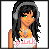 Pixel art contact sheet showing multiple frames of a female character with long black hair wearing headphones, white tank top, pink polka-dot skirt, and accessories in various poses.