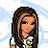 Pixel art buddy icon featuring a cartoon girl with long brown hair, blue eyes, and an orange top holding a white object, next to partial views of other characters including one in beige pants with a yellow running stick figure on the leg, all set against a light blue starry background with "AOL Cutie" text.
