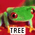 Green frog with red eyes on red background, text labels change between 'TREE' and 'FROG' in white boxes.