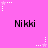 Pink background with repeated 'Nikki' text and white star-shaped pixel art elements in various positions.
