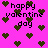Pixelated pink background with dark green hearts and black text reading 'happy valentine day' in multiple positions.