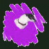 Purple abstract shape with white and black facial features, transitioning from a rounded form to a more compact shape with visible text.