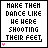 A 5x5 contact sheet of animated frames showing a pixel art animation with text "MAKE THEN DANCE LIKE HE WERE SHOOTING THEIR FEET" and small colored hearts or dots appearing in different positions across the frames.