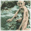 Animated sequence of two humanoid figures in a rocky stream, one figure riding on the other's shoulders with a greenish background.